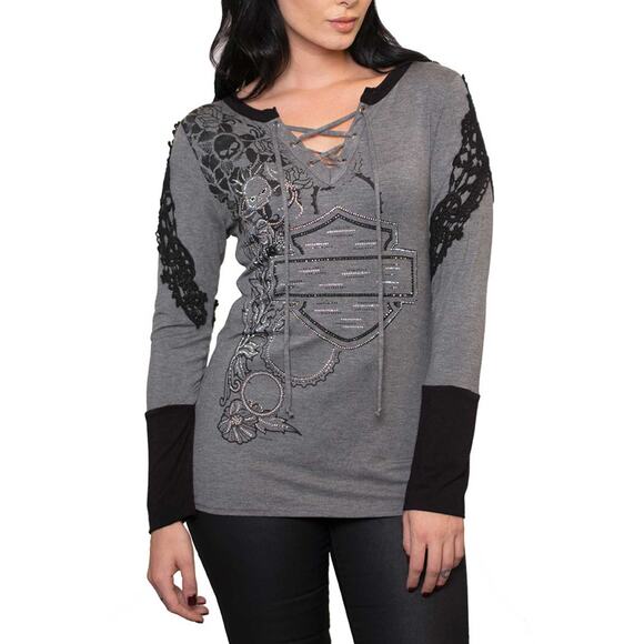 Harley Davidson long sleeve, tie neck top, women's size XL NWT - Picture 1 of 13